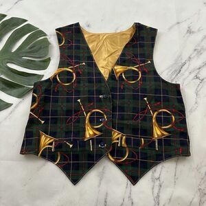 Womens Vintage 90s Handmade Christmas Horn Vest Size M Green Blue Plaid